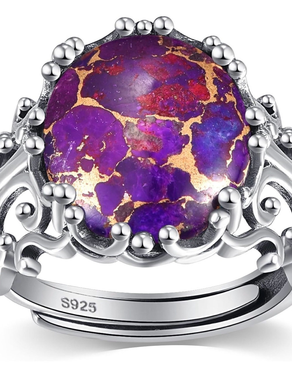 Sterling Silver Purple Rose Dahlia Turquoise Cabochon Ring